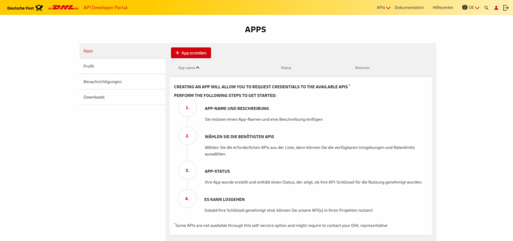 DHL API Entwicklerportal: Übersicht der Apps