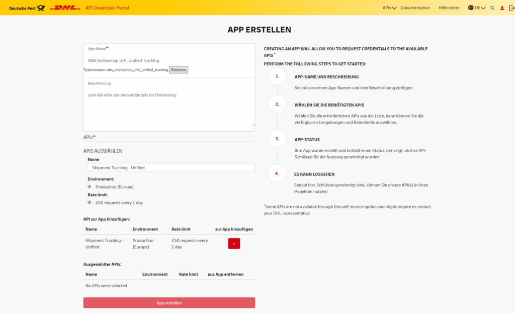 DHL API Entwicklerportal: App erstellen: API "Shipment Tracking - Unified" auswählen