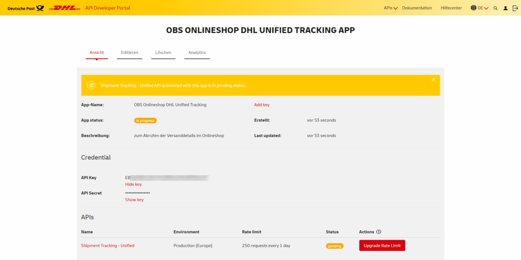 DHL API Entwicklerportal: Übersicht der neu erstellen App
